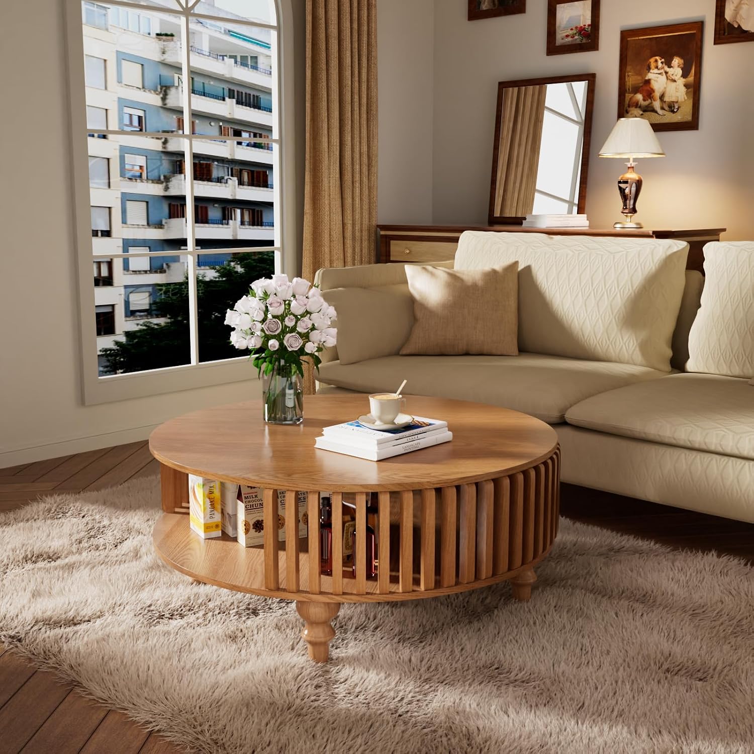 2-Tier Round Coffee Table 30.7' Round Coffee Table with Storage Mid-Century Modern Circle Accent Center Table Farmhouse Low Cocktail Tea Furniture for Living Room Small Spaces (30.7' Round)