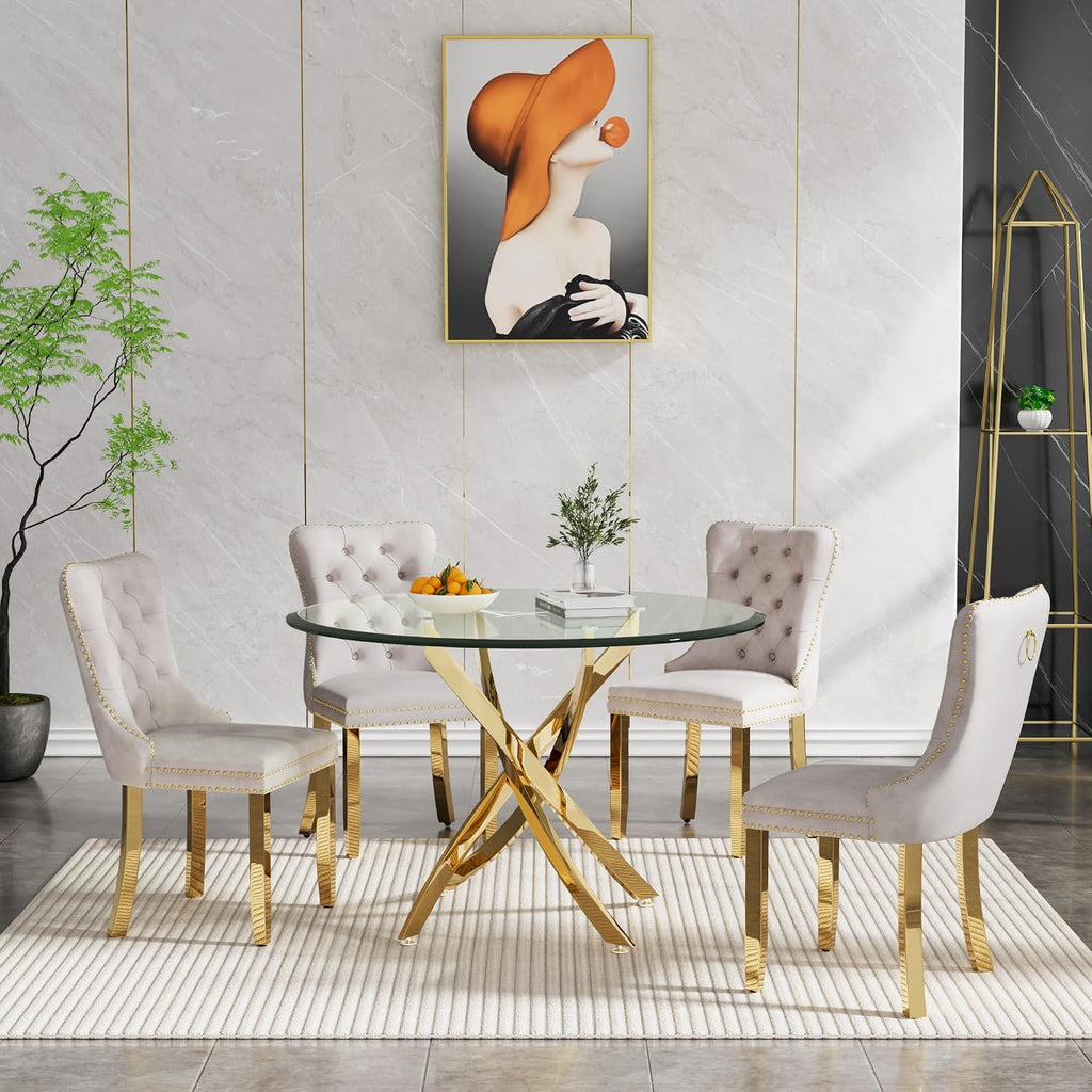 36' Small Dining Table Set of 4, Tempered Glass Round Dining Table and 4 Beige Velvet Dining Chairs, Luxury 5 Piece Circle Kitchen Dining Room Tables Set with Gold Chrome Metal X-Legs