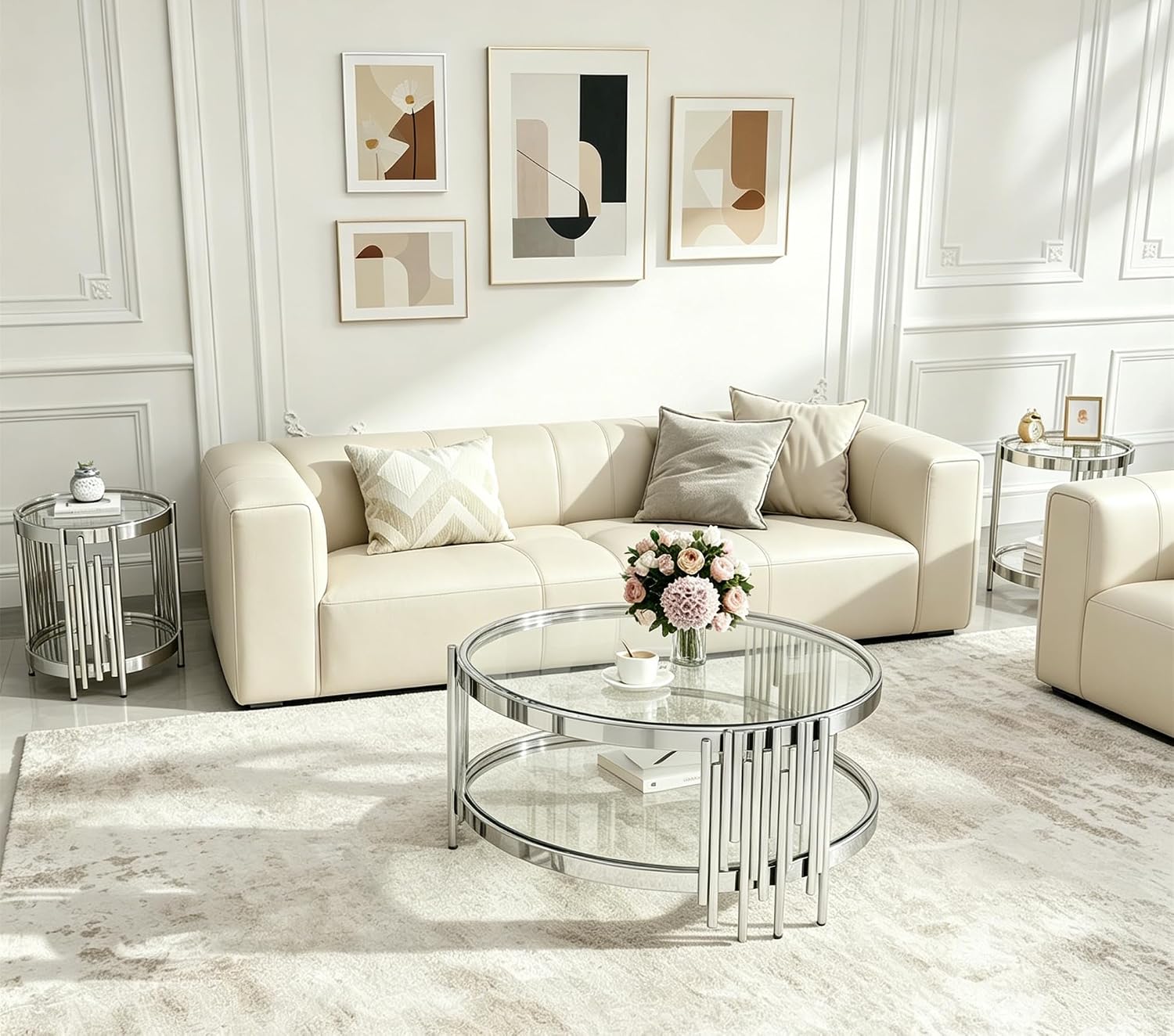 3 Piece Round Glass Coffee Table Set of 3, 31.5' Circle Coffee Table and 2 End Tables Set with Silver Stainless Steel Frame, Modern 2-Tier Clear Silver Living Room Table Set for Home Office