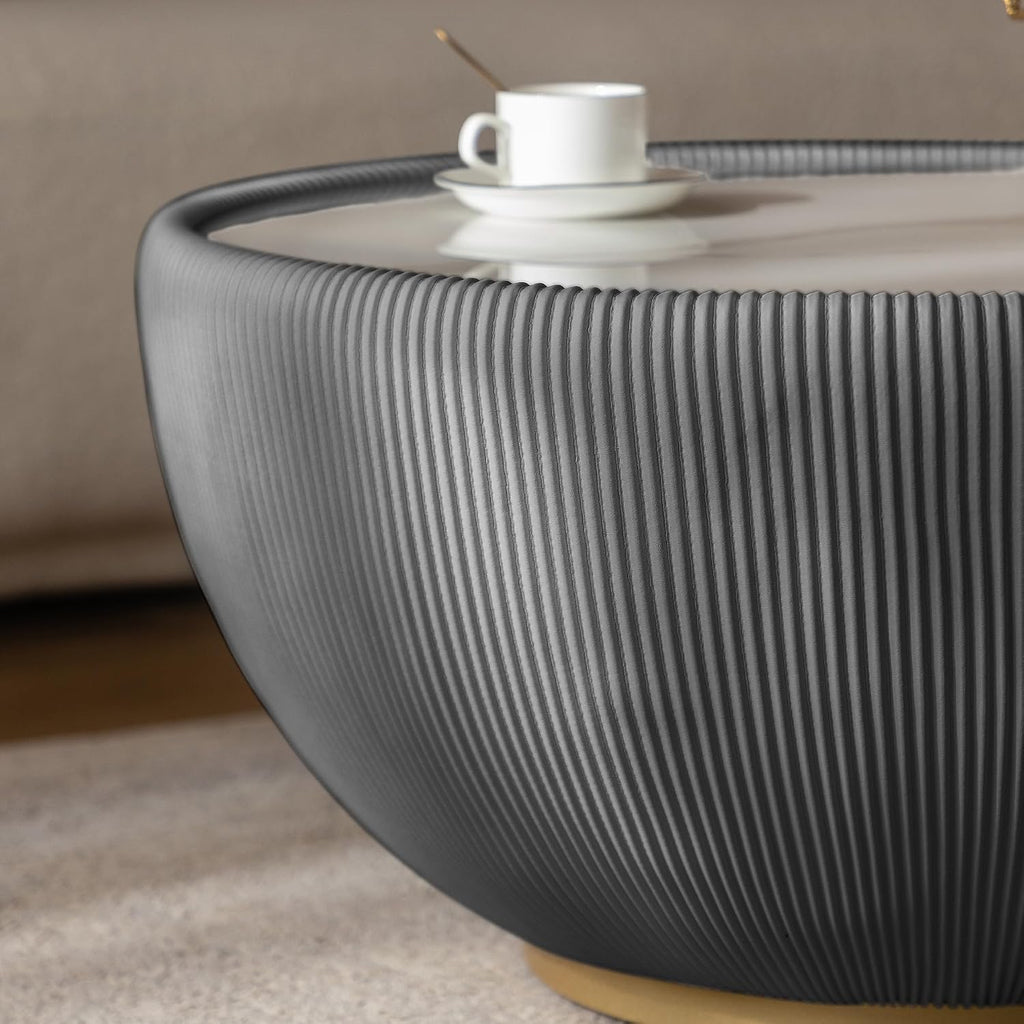 29.53' Round Coffee Table, Modern Cocktail Tables with Decorative Vertical Texture, 29.53 inch Grey Bowl Center Tables, Accent Sintered Stone Coffee Table for Living Room Apartment Office