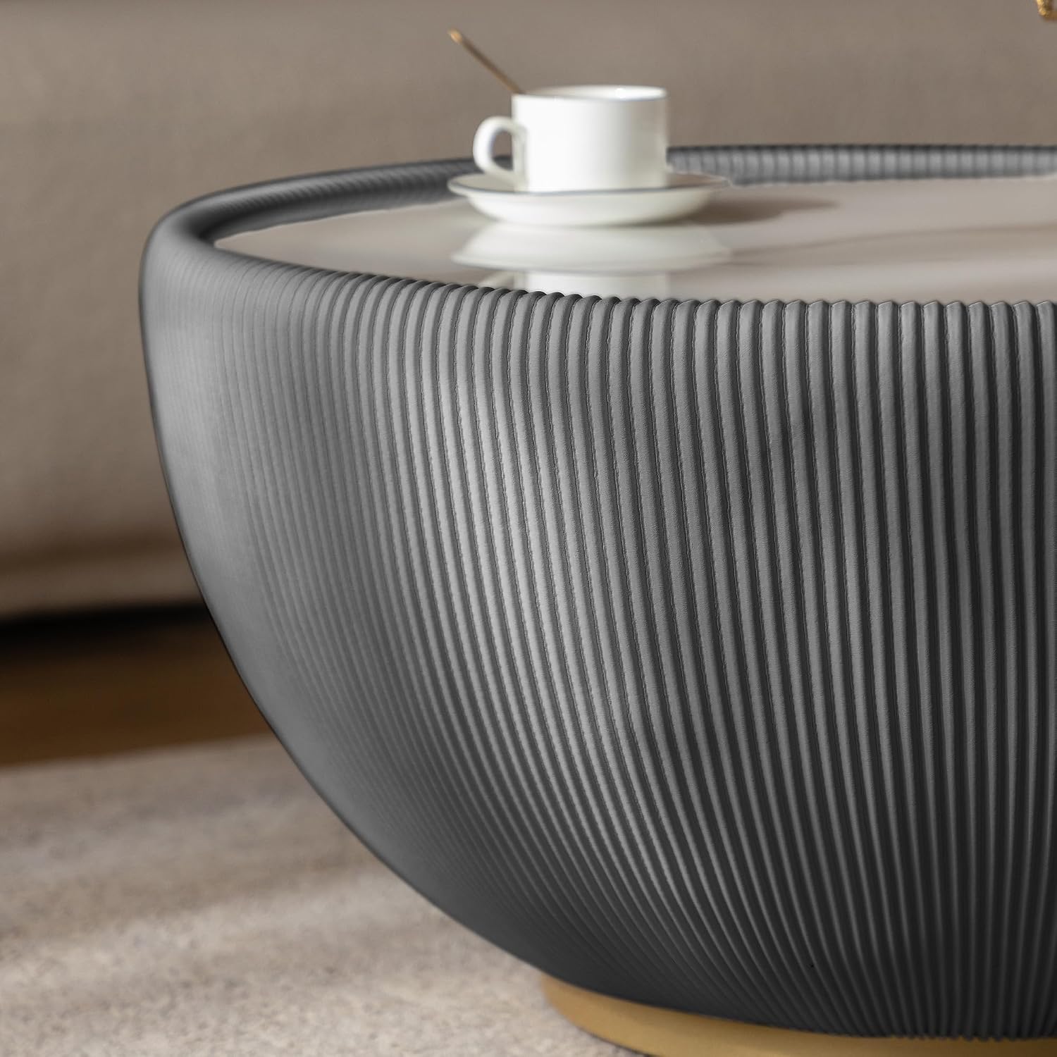 29.53' Round Coffee Table, Modern Cocktail Tables with Decorative Vertical Texture, 29.53 inch Grey Bowl Center Tables, Accent Sintered Stone Coffee Table for Living Room Apartment Office