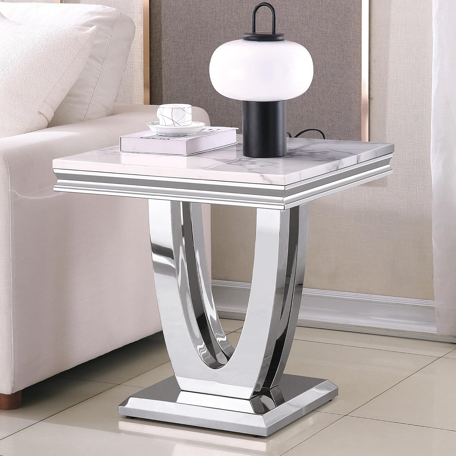 3 Pieces Coffee Table Set, Faux Marble Living Room Table Set of 3, Modern Coffee Table and 2 End Tables with Dual U-Shaped Stainless Steel Base for Living Room (White Silver)
