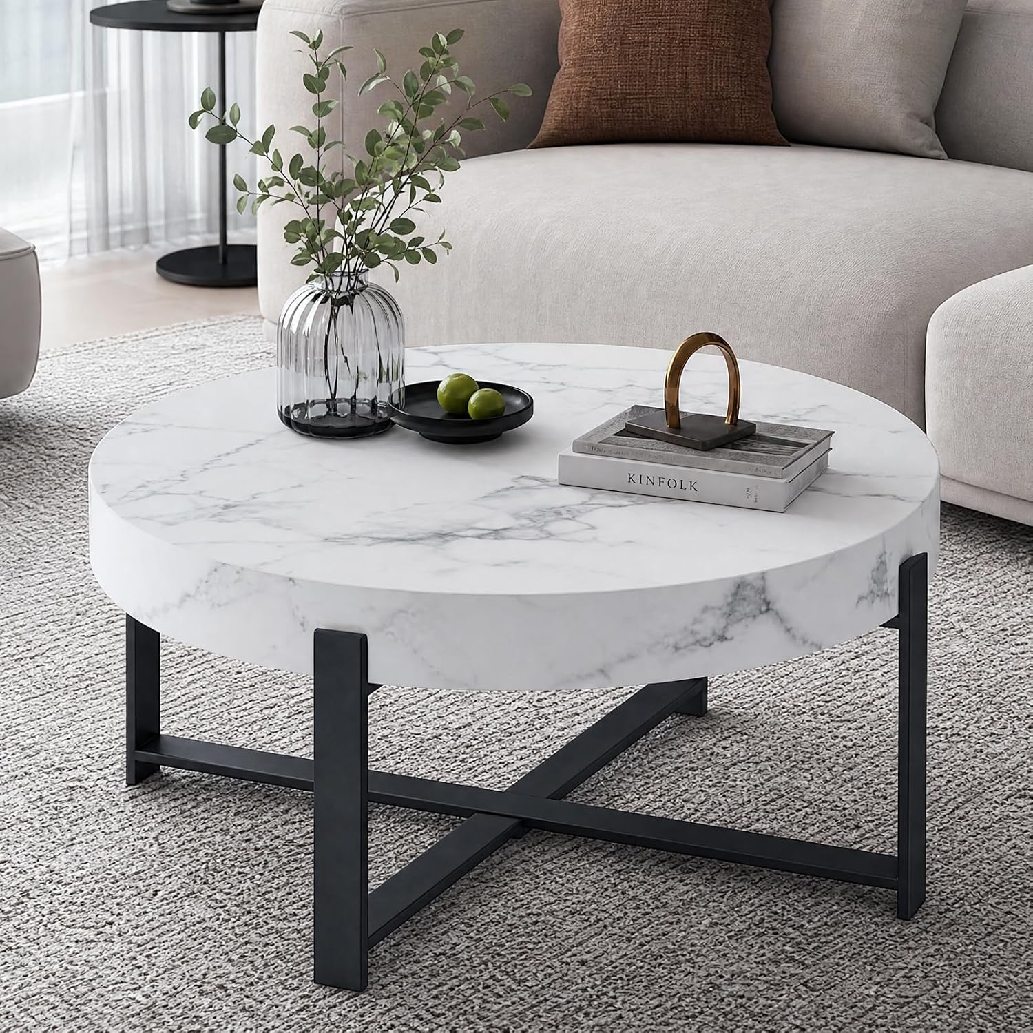 Round Coffee Table, Small Wood Coffee Table with Storage, Modern Wood Circle Table with Metal Frame, Round Accent Center Tables for Living Room Apartment Small Space