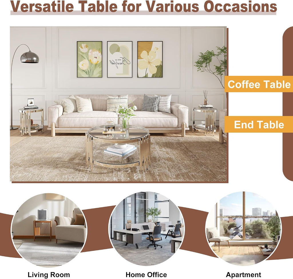 3 Piece Living Room Set, 1 Glass Coffee Table and 2 End Tables with 2 Tier Storage, Tempered Glass Top and Stainless Steel Frame, for Apartment, Living Room, Silver/Clear