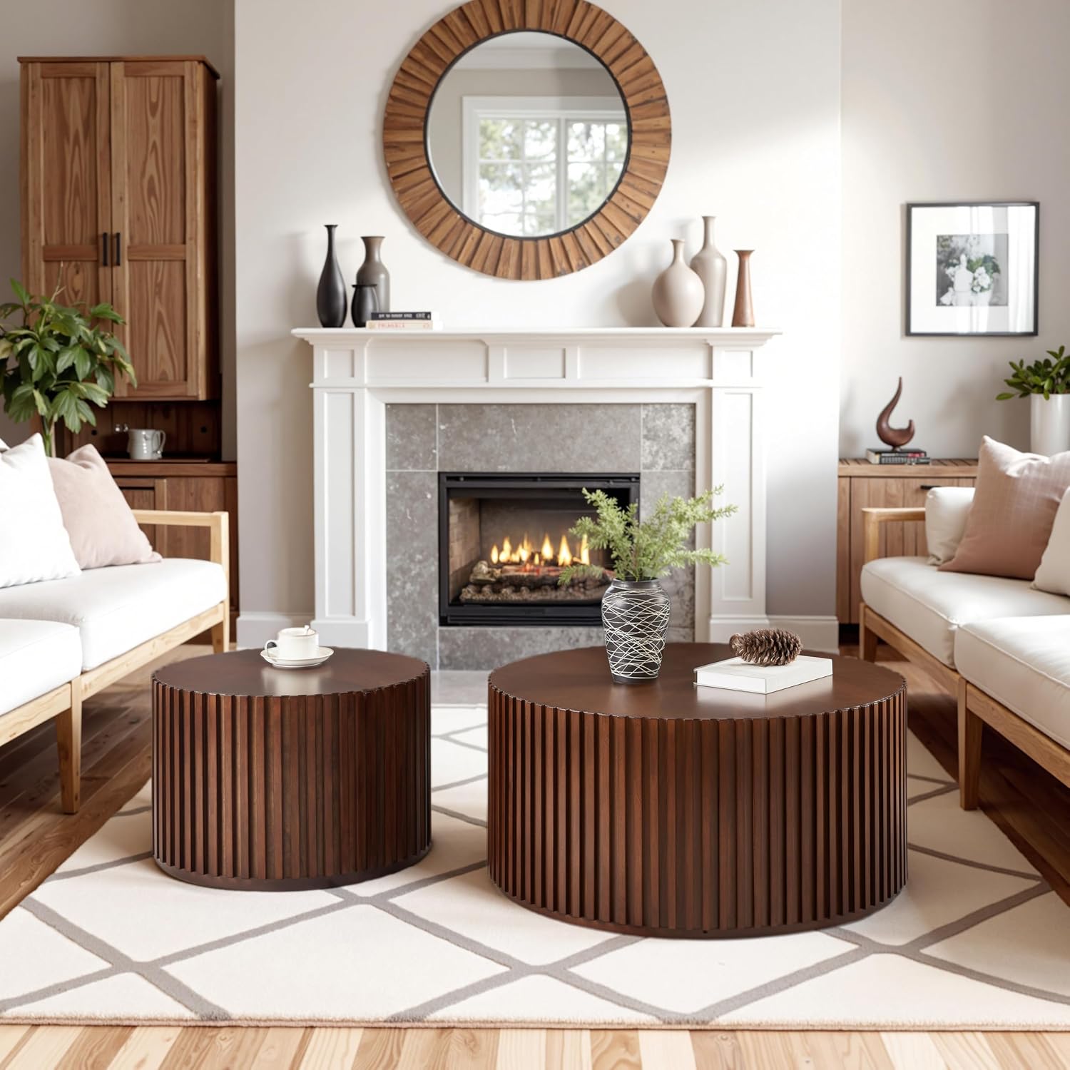 Round Wood Coffee Table Set of 2, Handcraft Drum Side Table End Table for Living Room, Modern Circle Wooden Coffee Table Set for Small Space, No Need Assembly(Espresso,31x31x16 in)