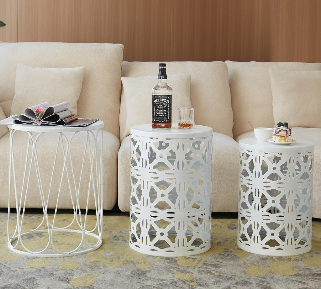 HFHOME Set of 3 Metal Outdoor Side Table, Nesting Round Coffee Table for Indoor Outdoor, Heavy Duty End Tables Plant Stand Living Room Garden Stool - White