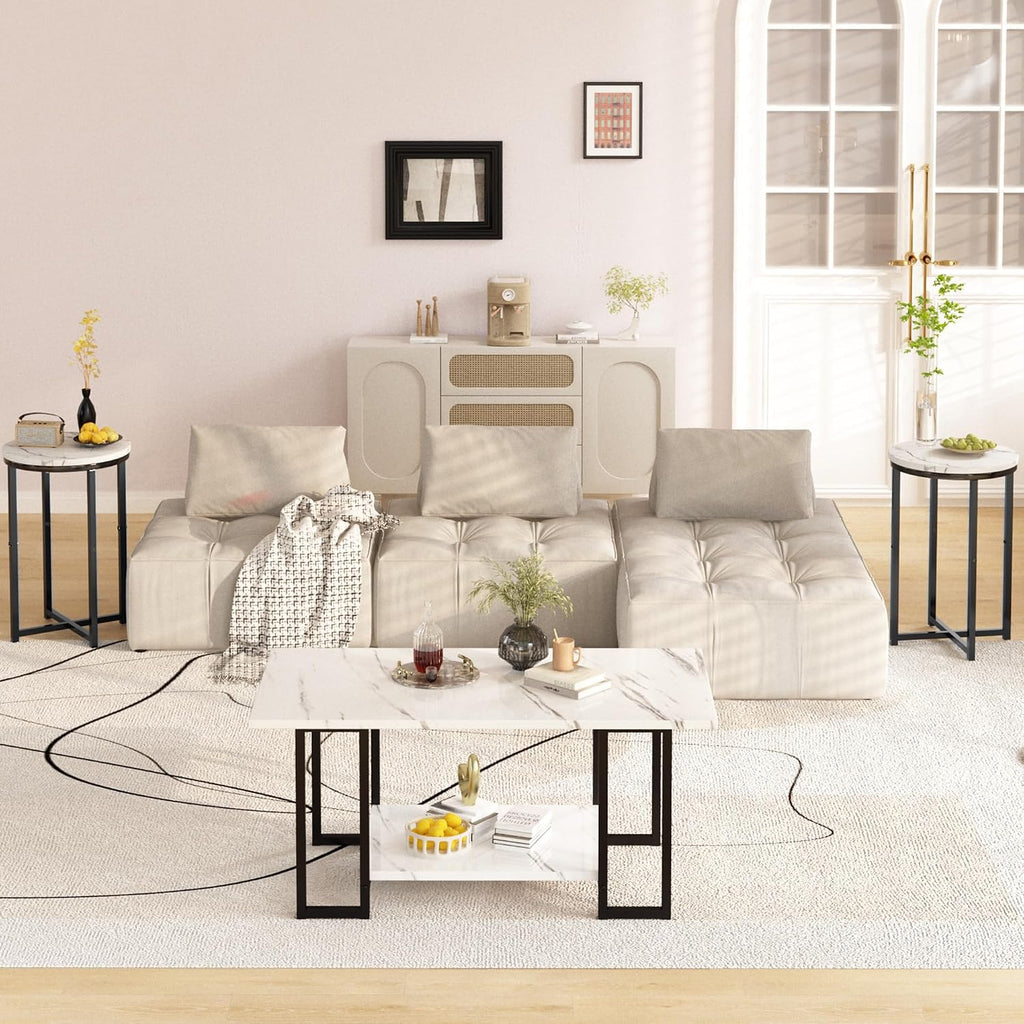 AWQM Coffee Table Set of 3, Faux Marble Coffee Table with 2 Round End Side Tables, Modern Living Room Table Set with Metal Frame for Apartment Home Office，White&Black
