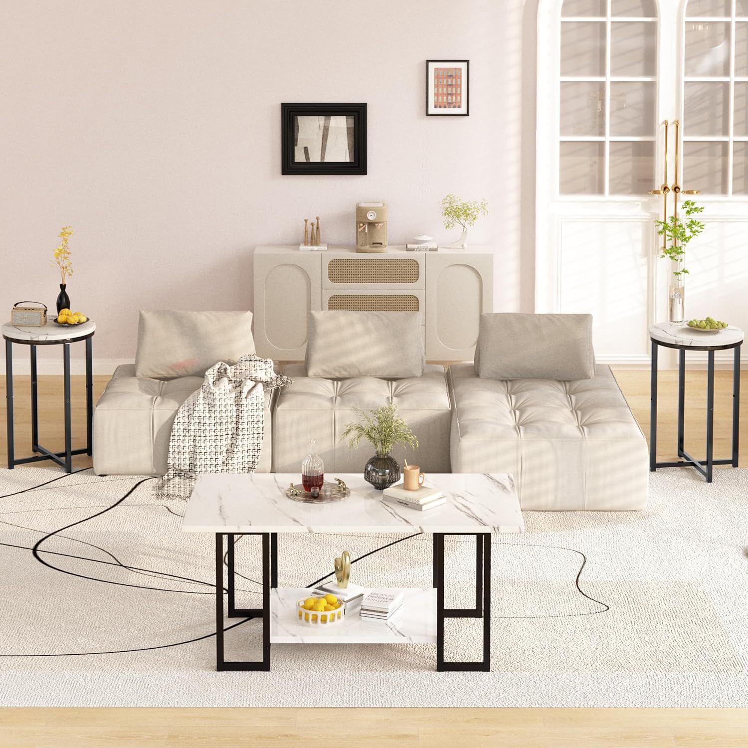 AWQM Coffee Table Set of 3, Faux Marble Coffee Table with 2 Round End Side Tables, Modern Living Room Table Set with Metal Frame for Apartment Home Office，White&Black
