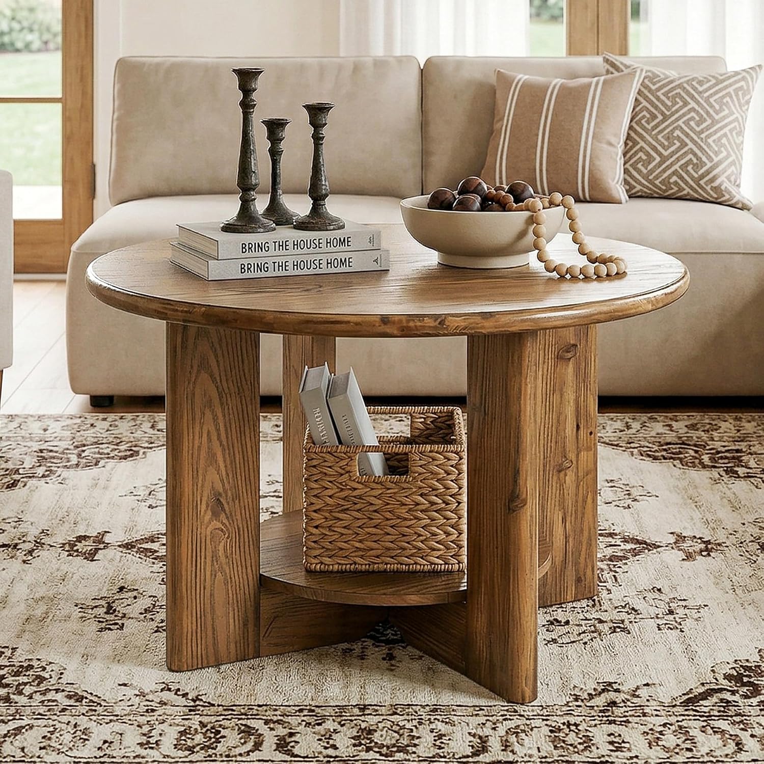 Tribesigns Round Solid Wood Coffee Table, Circle Coffee Table with 2-Tier Storage, Small Farmhouse Center Table for Living Room, Rustic Brown