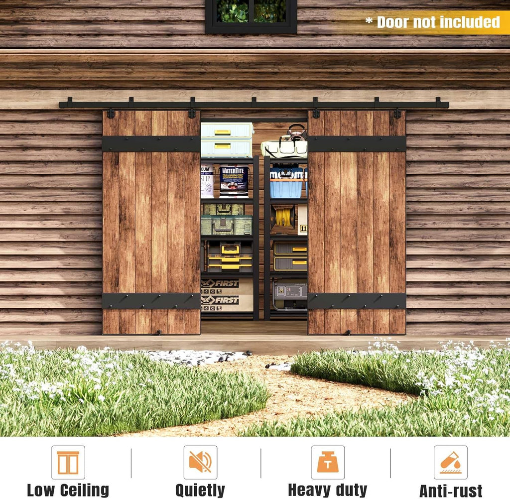 Easelife 12FT Exterior Sliding Barn Door Hardware Kit, Box Rail Track, 450lb Capacity, Black Weather-Resistant Steel, Wall Mount System for Outdoor Use, Fit Double 36in Door