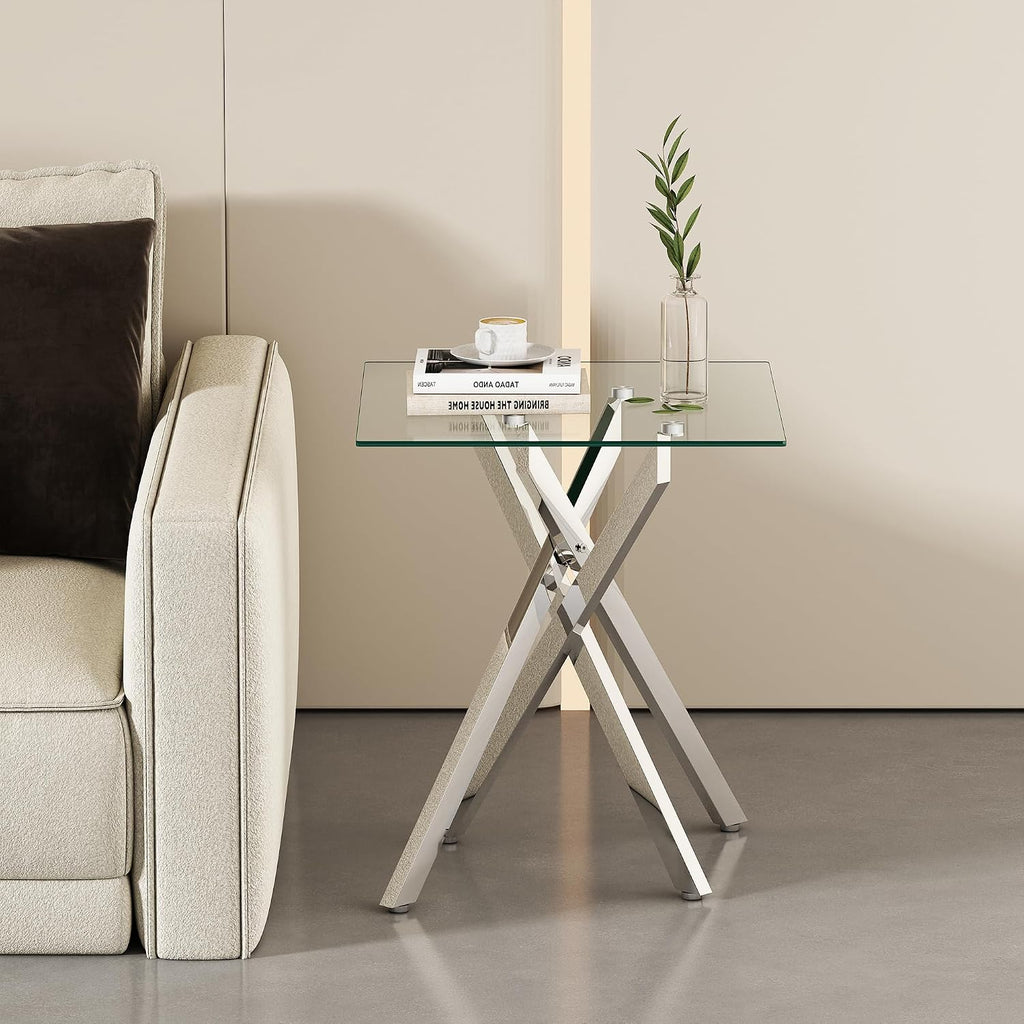 Glass 2 Piece Living Room Table Set,Glass Coffee Table and End Table Sets,Accent Table Sofa Table Sets with X-Designed Metal Legs and Tempered Glass Tabletop for Living Room Furniture (2, Silver)