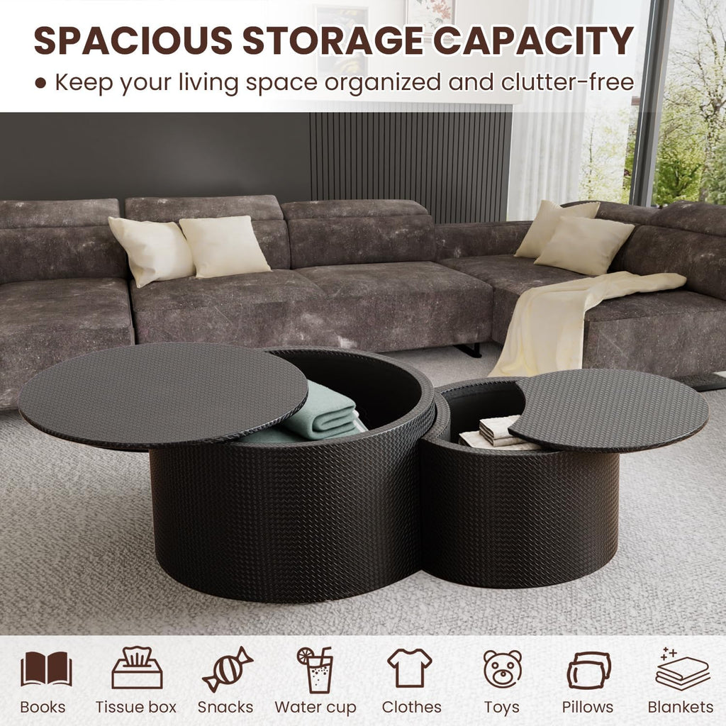 WXFKLDJ Nesting Coffee Tables Set of 2 Leather Finish Round Coffee Tables with Storage Wood Frame Drum End Side Table for Small Space Living Room Bedroom No Assembly Needed (Black with Storage)