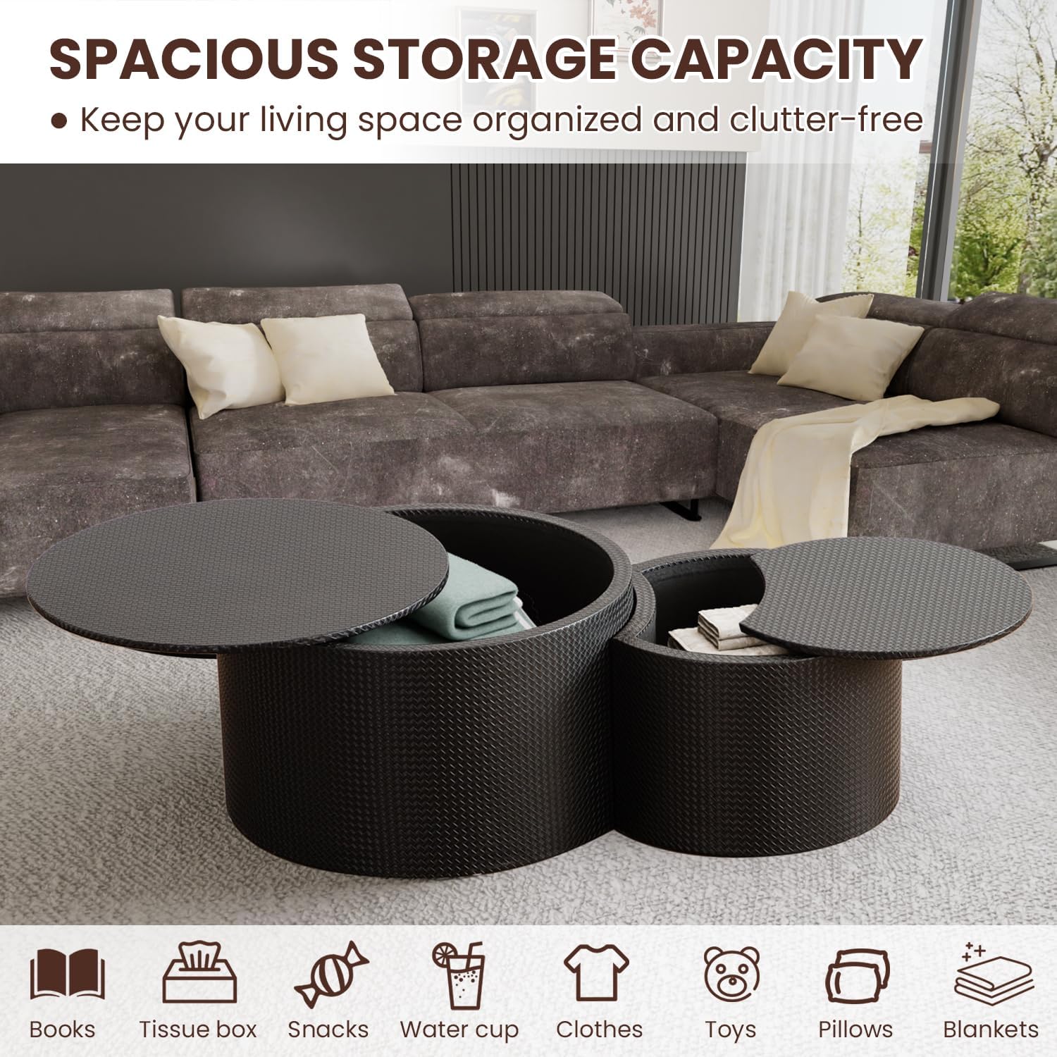 WXFKLDJ Nesting Coffee Tables Set of 2 Leather Finish Round Coffee Tables with Storage Wood Frame Drum End Side Table for Small Space Living Room Bedroom No Assembly Needed (Black with Storage)