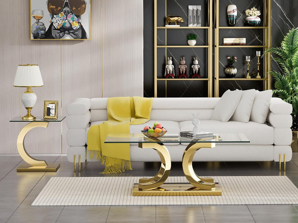 SSLine 1 Piece Living Room End Table Luxury Glass Side Table, Modern Gold End Table with C-Shape Stainless Steel Pedestal Base for Living Room Bedroom Office (1 End Table)