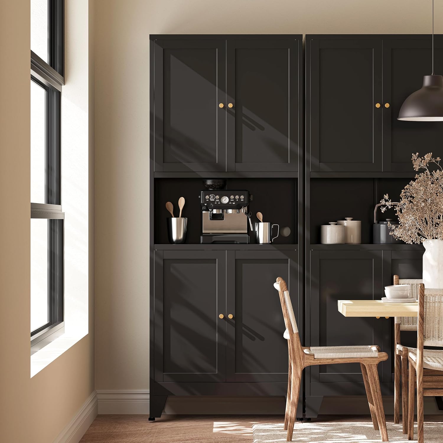 69' H Kitchen Pantry Cabinet with Countertop,Kitchen Hutch Cabinet with Storage,Black Metal Storage Cabinet,Microwave Cabinet,