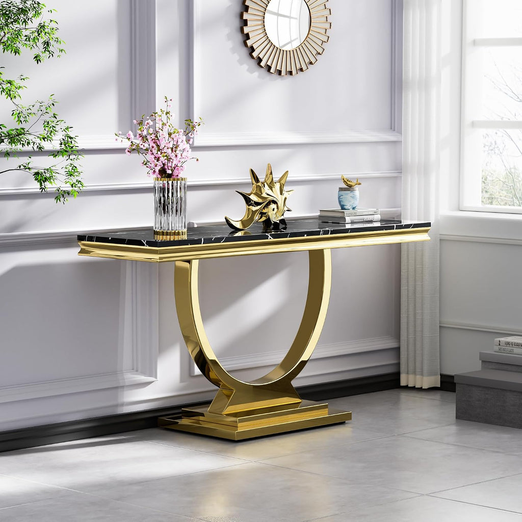 2 Piece Marble Living Room Table Set Modern Black Faux Marble Coffee Table and Console Table with Gold O-Shape Stainless Steel Frame Elegant Coffee Table Set of 2 for Home Office