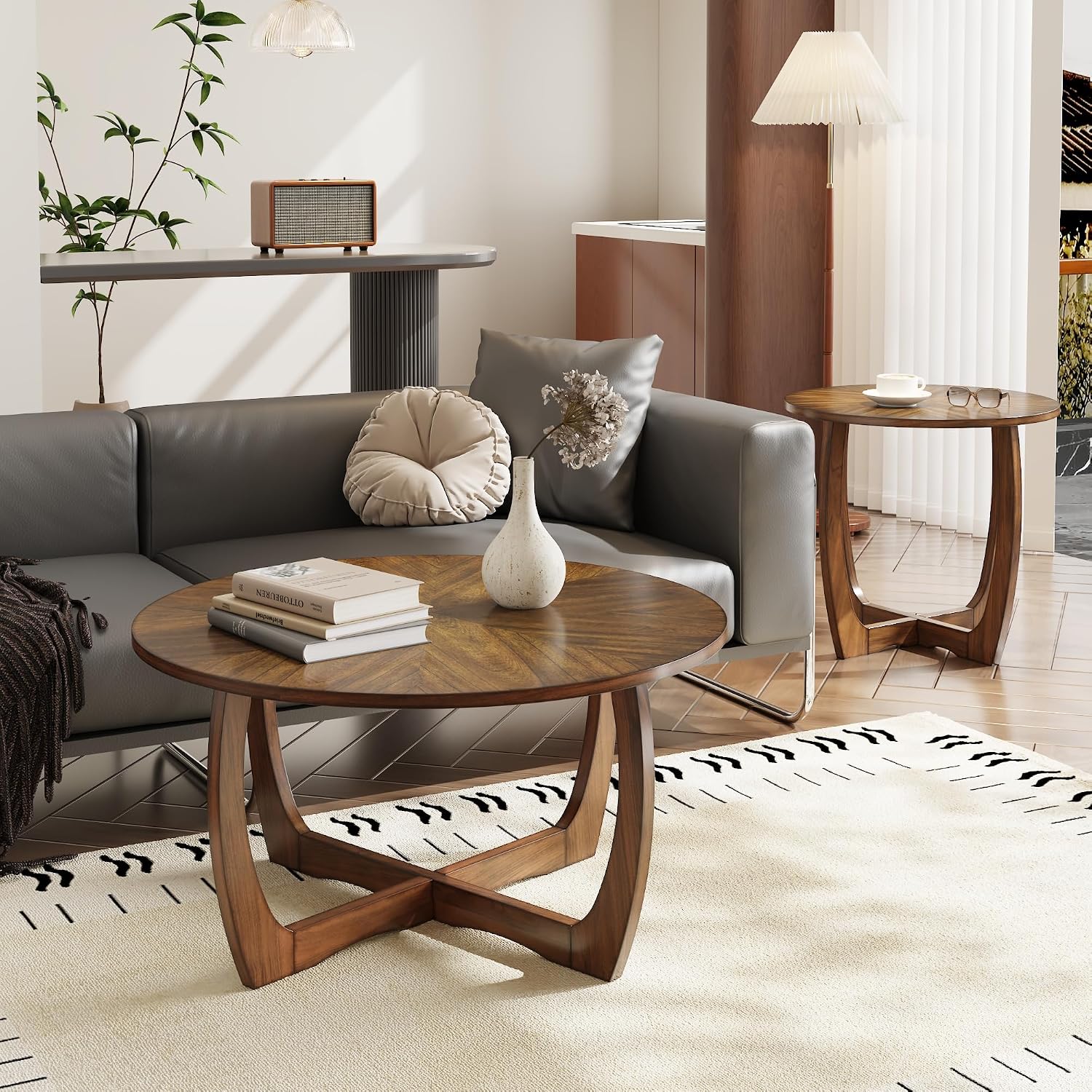 LEEMTORIG Mid Century Modern Round End Side Table Living Room, Walnut End Table Solid Wood Side Table, 23.6' Dia. Large Drum End Table Circle Nightstand Bedroom, Easy Assembly, Brown Walnut CJZ-3223