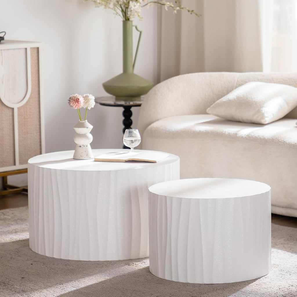 Nesting Coffee Table Set of 2 Round Wooden Coffee Tables Circle Modern Table for Living Room Bedroom Accent End Side Table White