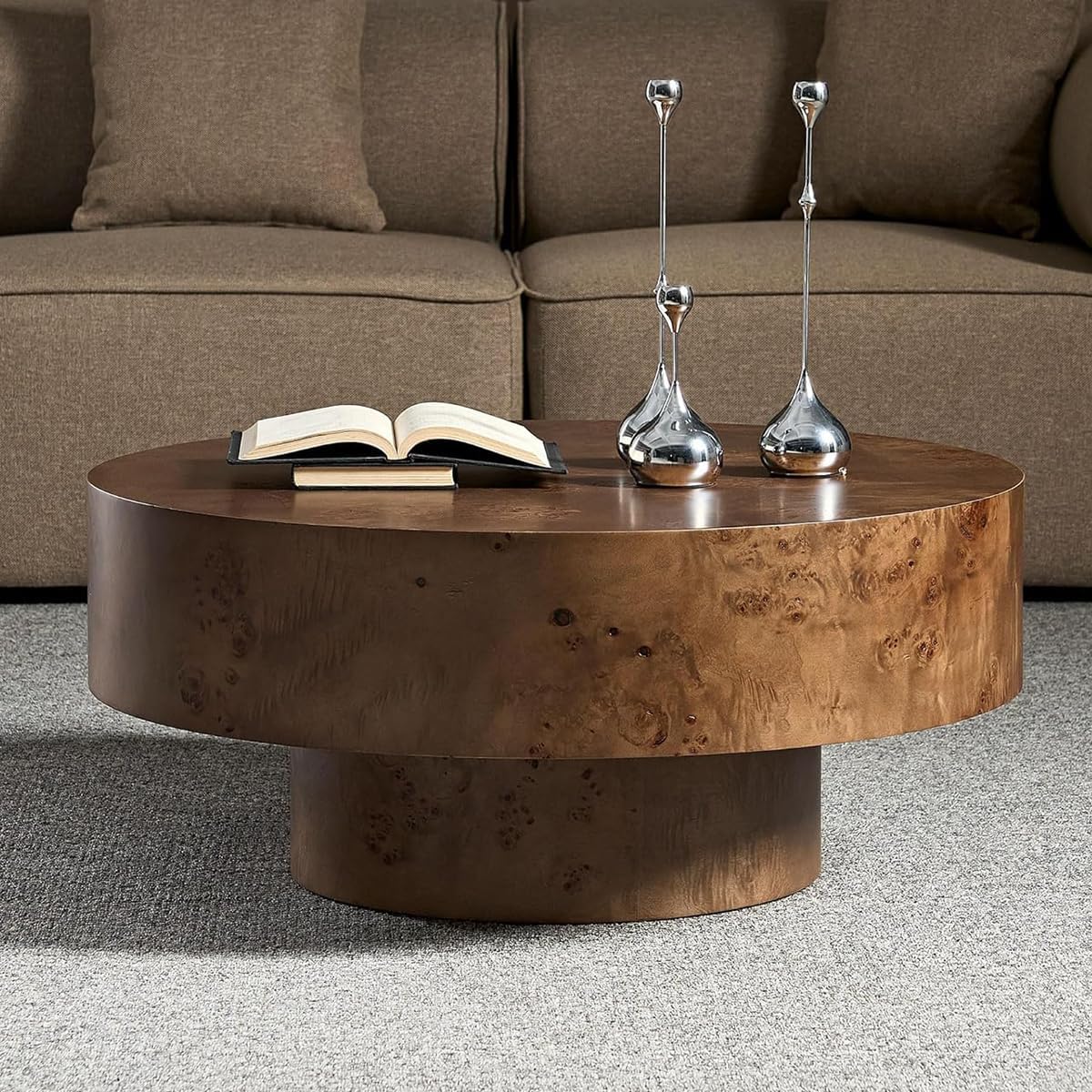 Burl Wood Coffee Table for Living Room Round Wood Coffee Table with Pedestal 31.49' Modern Circle Center Tables Accent Tables for Apartment, Easy Assembly, Brown