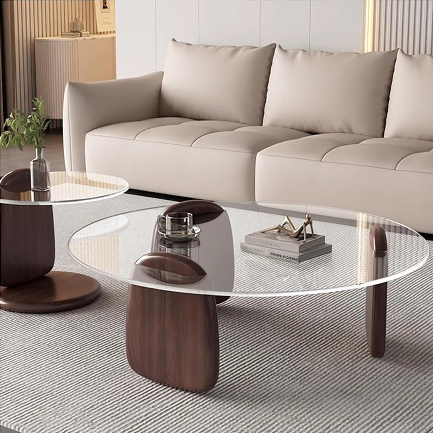 EASYSOUL Modern Round Coffee Table with Glass Top, 35.43' L x 35.43' W x 14.69' H, Circular Tea Tables for Living Room Home Office Industrial Cocktail Tables (Walunt-Clear Glass/35.43')