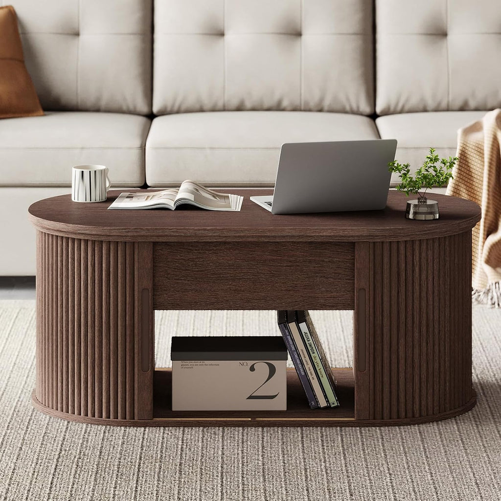 LINSY Lift Top Coffee Table, Oval Fluted Coffee Table with Storage, Mid Century Modern Wooden Coffee Tables with Sliding Tambour Door, 39' Center Table for Living Room, Office, Small Space, Walnut