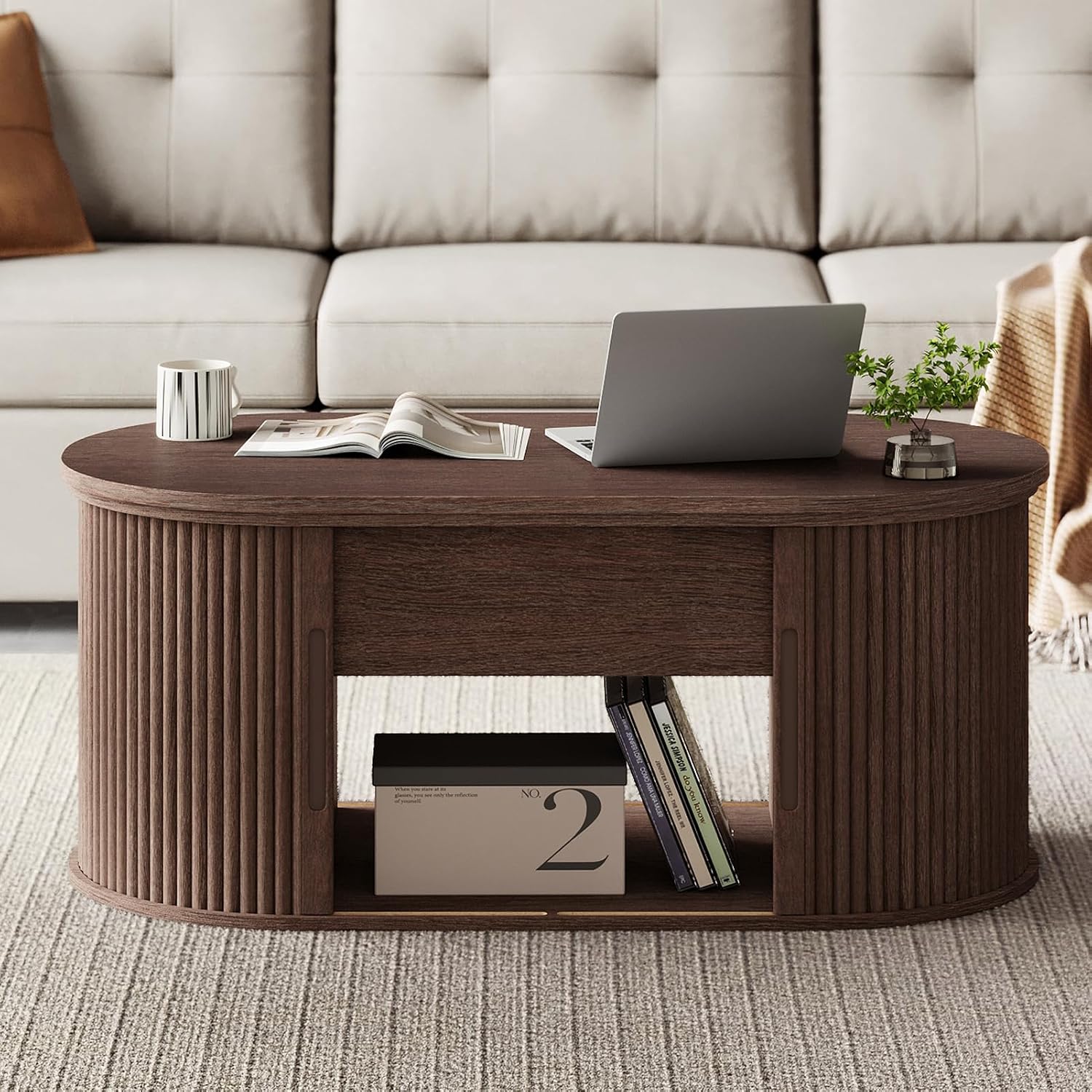 LINSY Lift Top Coffee Table, Oval Fluted Coffee Table with Storage, Mid Century Modern Wooden Coffee Tables with Sliding Tambour Door, 39' Center Table for Living Room, Office, Small Space, Walnut