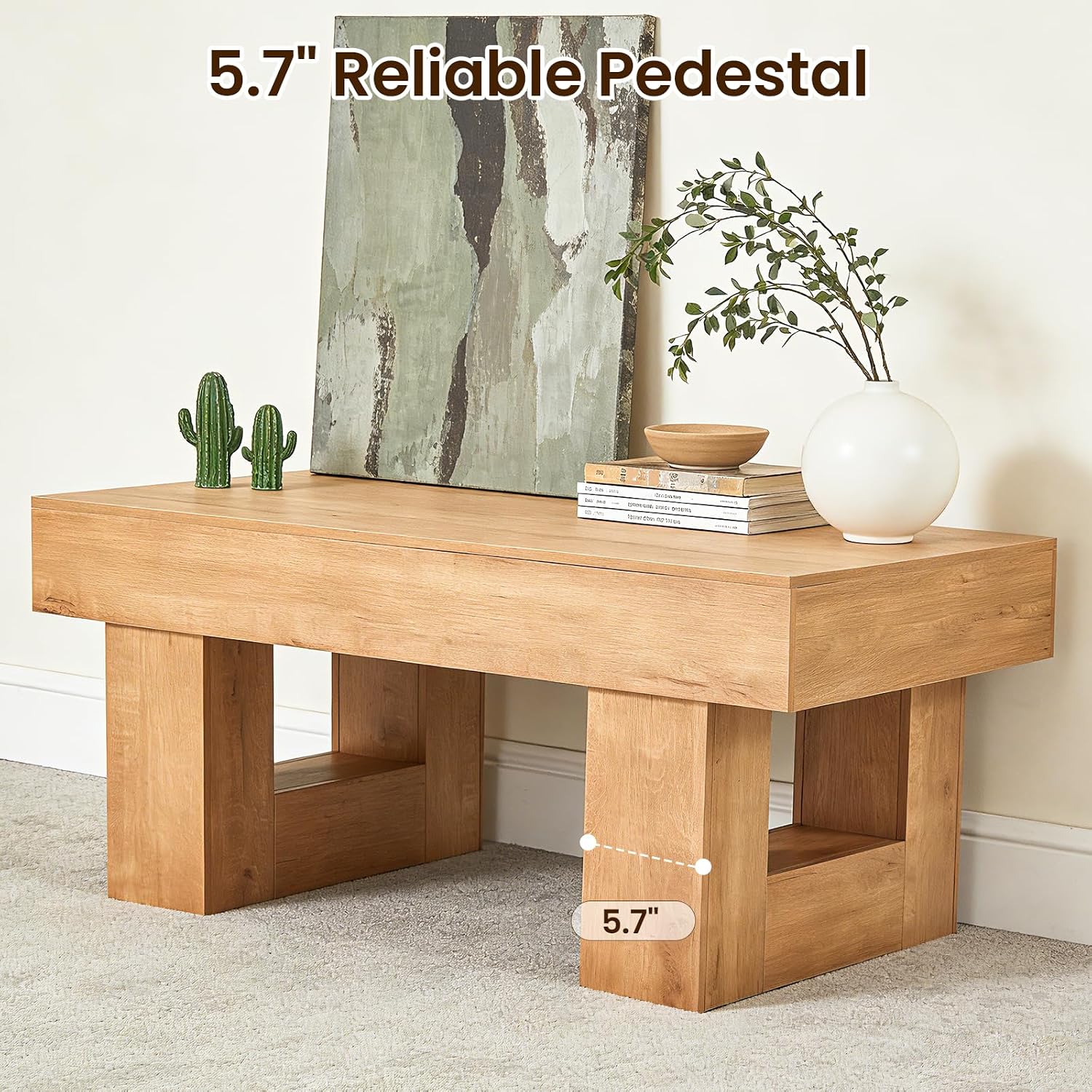 EROMMY 39' Minimalist Farmhouse Coffee Table for Living Room, Wooden Rectangular Accent Center Tables with Thick Tabletop, Rustic Modern Low Cocktail Tea Furniture with Thick U-Shaped Base (Natural)