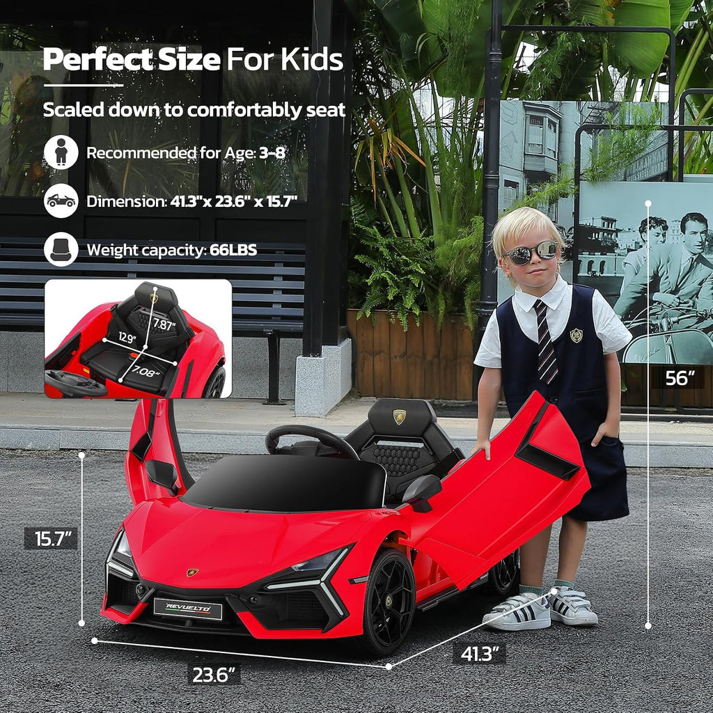 ELEMARA Kids Lamborghini Electric Cars with Scissor Doors, Remote Control Battery Kids Car, 12V Ride On Car for Toddlers with LED Light,Bluetooth,MP3 Player and Wide Seat, Deep Red