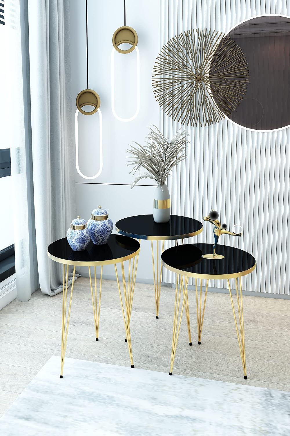 Set of 3 High Gloss Black Gold Legs Nesting End Tables Round Wood Stacking Coffee Side Accent Table with Metal Legs for Living Room, Home Office, Nightstands for Bedroom