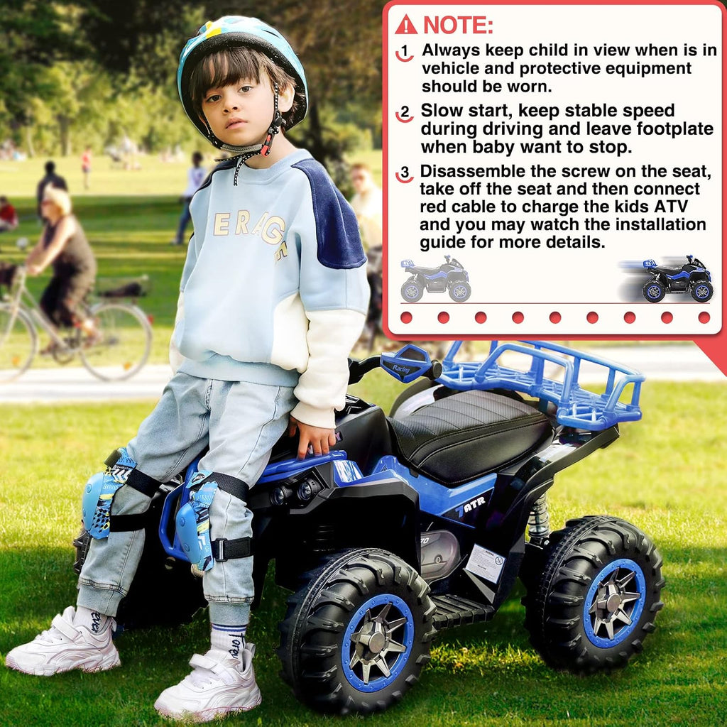 Soar Four Wheeler for Kids – Electric Toddler ATV 4 Wheeler for Ages 3–6, 12V Ride On Quad with LED Lights, Music, High/Low Speed, USB/TF, Treaded Tires, Blue