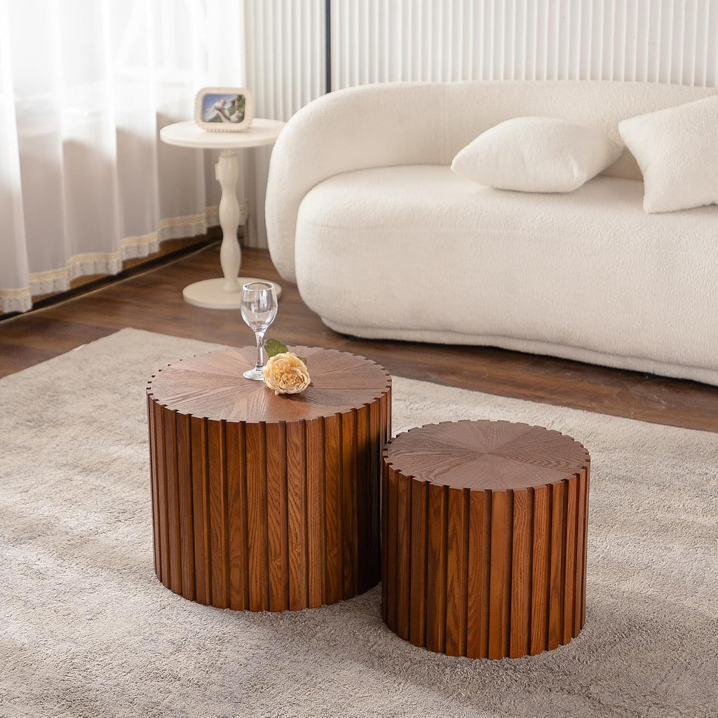 KEVINSPACE Nesting Coffee Table Set of 2 Circle CoffeeTable Modern NestingTables for Living Room Round Fluted Wooden CoffeeTabl No Need Assembly for Bedroom Balcony Lounge 33.86' Walnut