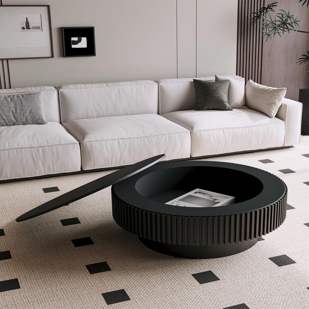 39.37'' Round Coffee Table for Living Room, Fluted Coffee Table with Hidden Storage, Solid Wood Veneered Circle Table, Modern Tea Table for Small Space Apartment (Black)