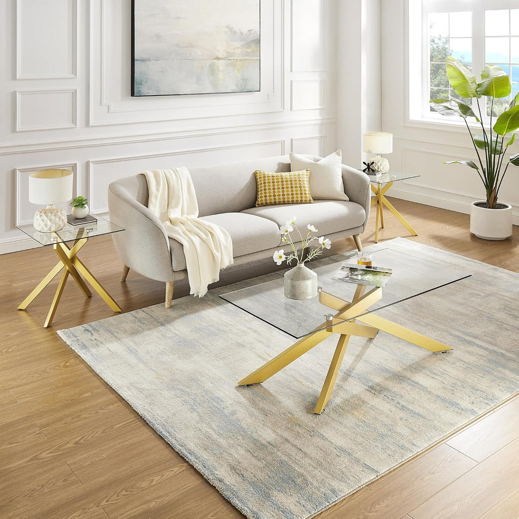 Gold Coffee Table for Living Room, Modern Glass Coffee Table with 47' Tempered Glass Top and Metal Tubular Legs for Small Space, Apartment, Office
