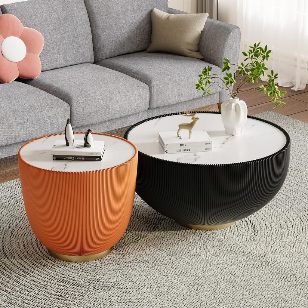 Round Coffee Table Set of 2, Sintered Stone Black Coffee Table with Orange End Table, Nesting Tables for Living Room, Accent Side Table for Apartment Home Office, No Need Assembly