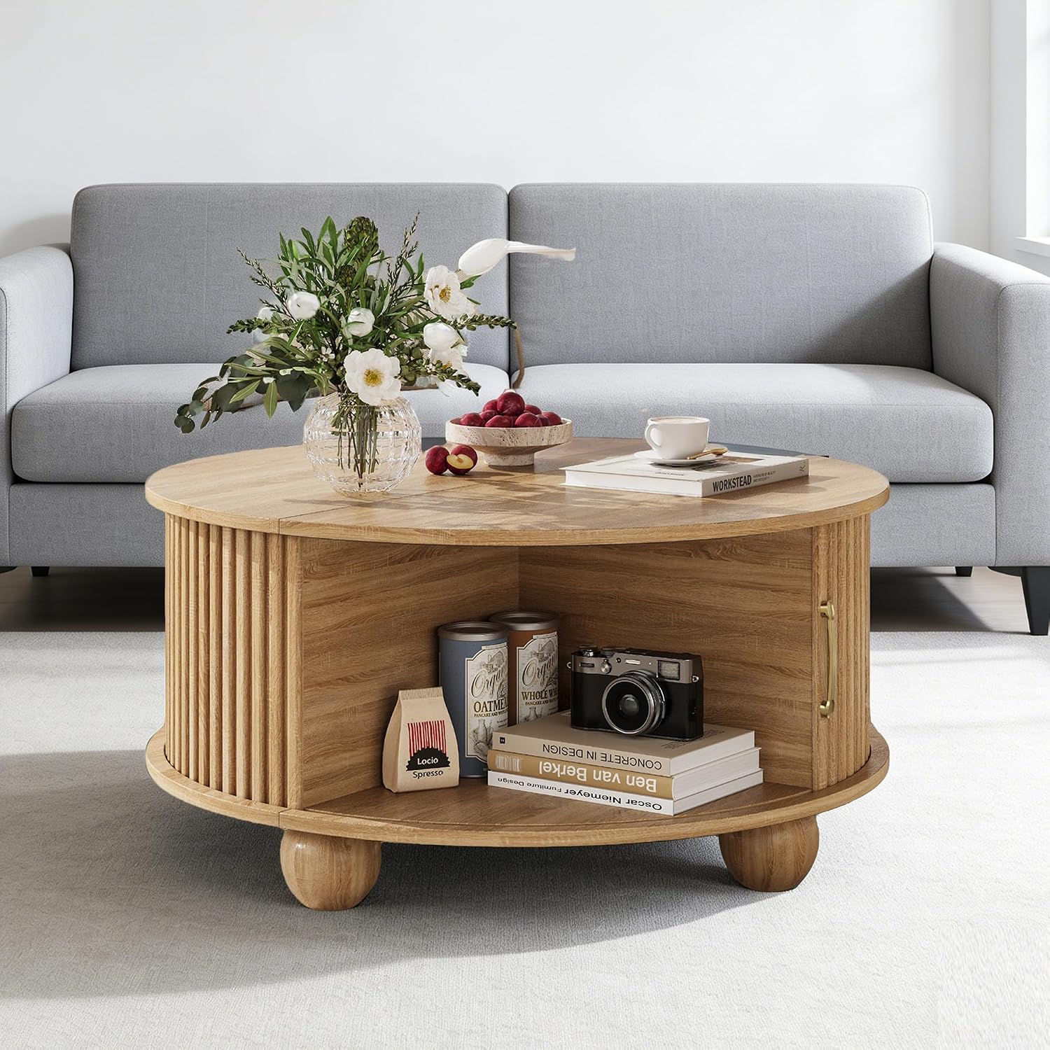 Round Coffee Table with Storage, Fluted Center Table with Sliding Tambour Door and Open Shelves, Mid Century Small Coffee Table for Living Room, Small Space, Natural