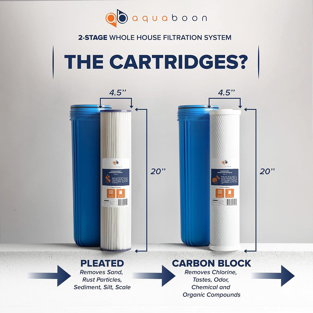 Aquaboon 2-Stage Whole House Water Filter System with 20x4.5 Filters Against Sediment & Chlorine with Pressure Gauge & Release, Wrench, Iron Bracket
