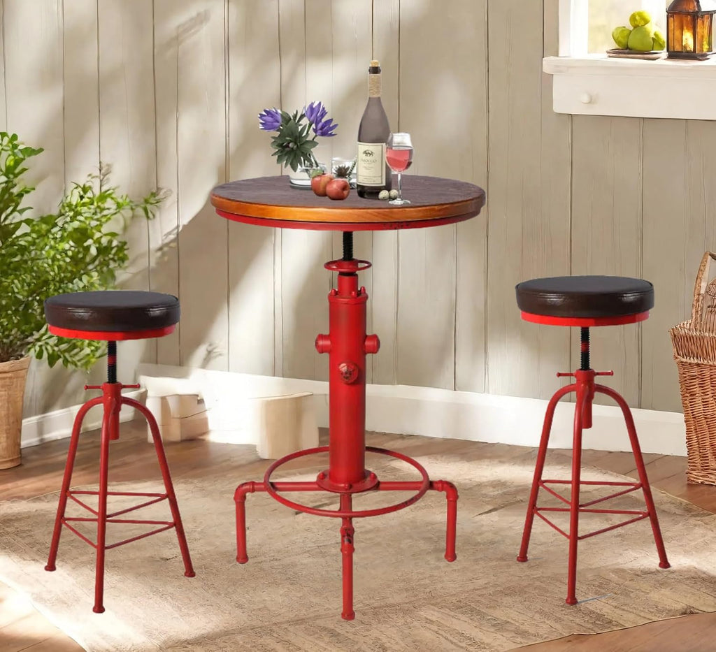 Topower 3 Piece Pub Bar Set Industrial Bar Table and PU Leather Seat Stools for 2, Adjustable Height Coffee Table Farmhouse Stool for Dining Room, Living Room, Coffee Shop, Antique Red