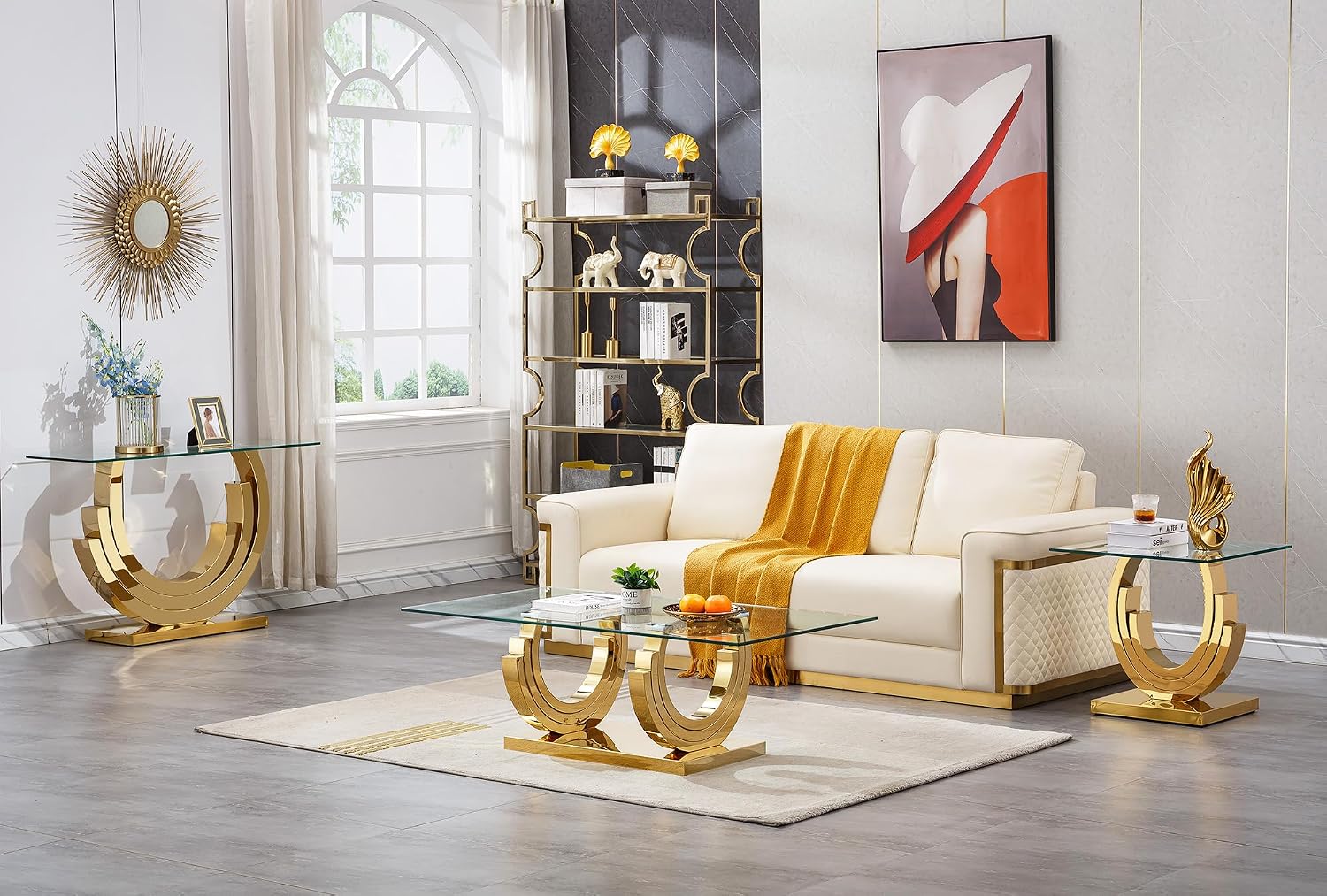 4 Pieces Living Room Table Set, Glass Coffee Table Set of 4, Modern Coffee Table, Console Table and 2 End Tables with Three U-Shaped Stainless Steel Base for Living Room (Gold)