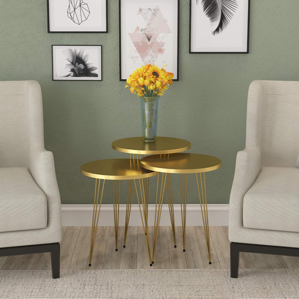 Set of 3 High Gloss Gold Nesting End Tables Round Wood Stacking Coffee Side Accent Table with Metal Legs for Living Room, Home Office, Nightstands for Bedroom