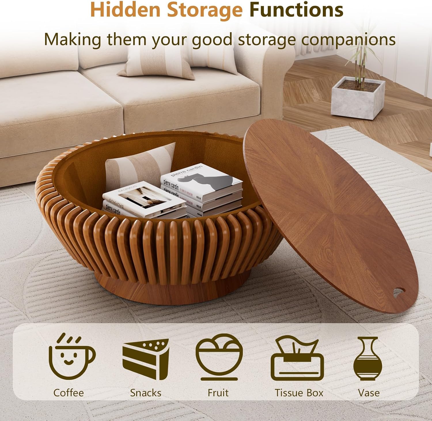 Modern Wood Fluted Round Coffee Table with Storage - Handcraft Drum Coffee Tables with Sturdy Base, Accent Center Table Small Circle Coffee Table for Living Room,Office, Apartment (Brown 35.4')