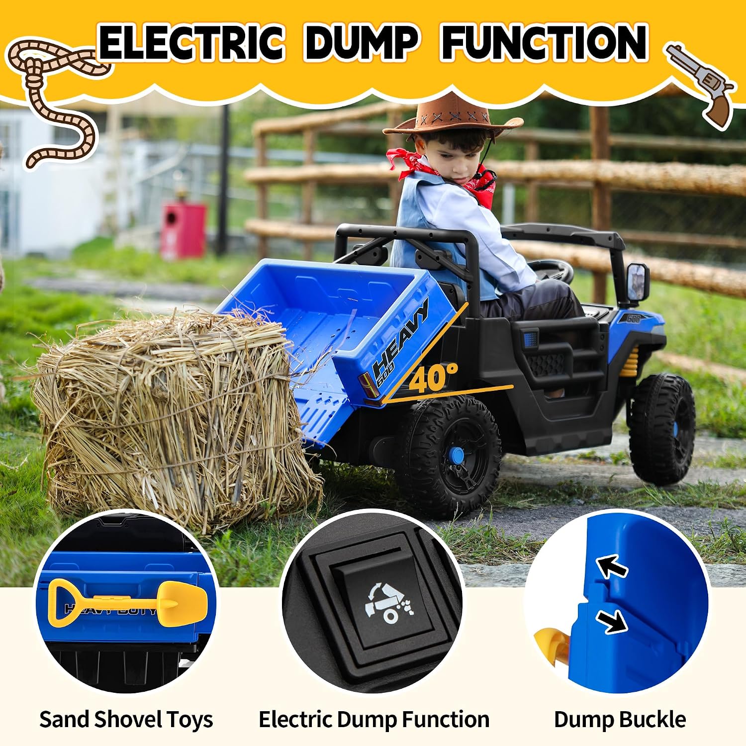 TOBBI Ride on Dump Truck with Electric Dump, Ride on Car with Remote Control, Kids Car to Drive Battery Power Wheels Electric Car Toys for Kids Toddlers Aged 3-8 with Music Player LED Light