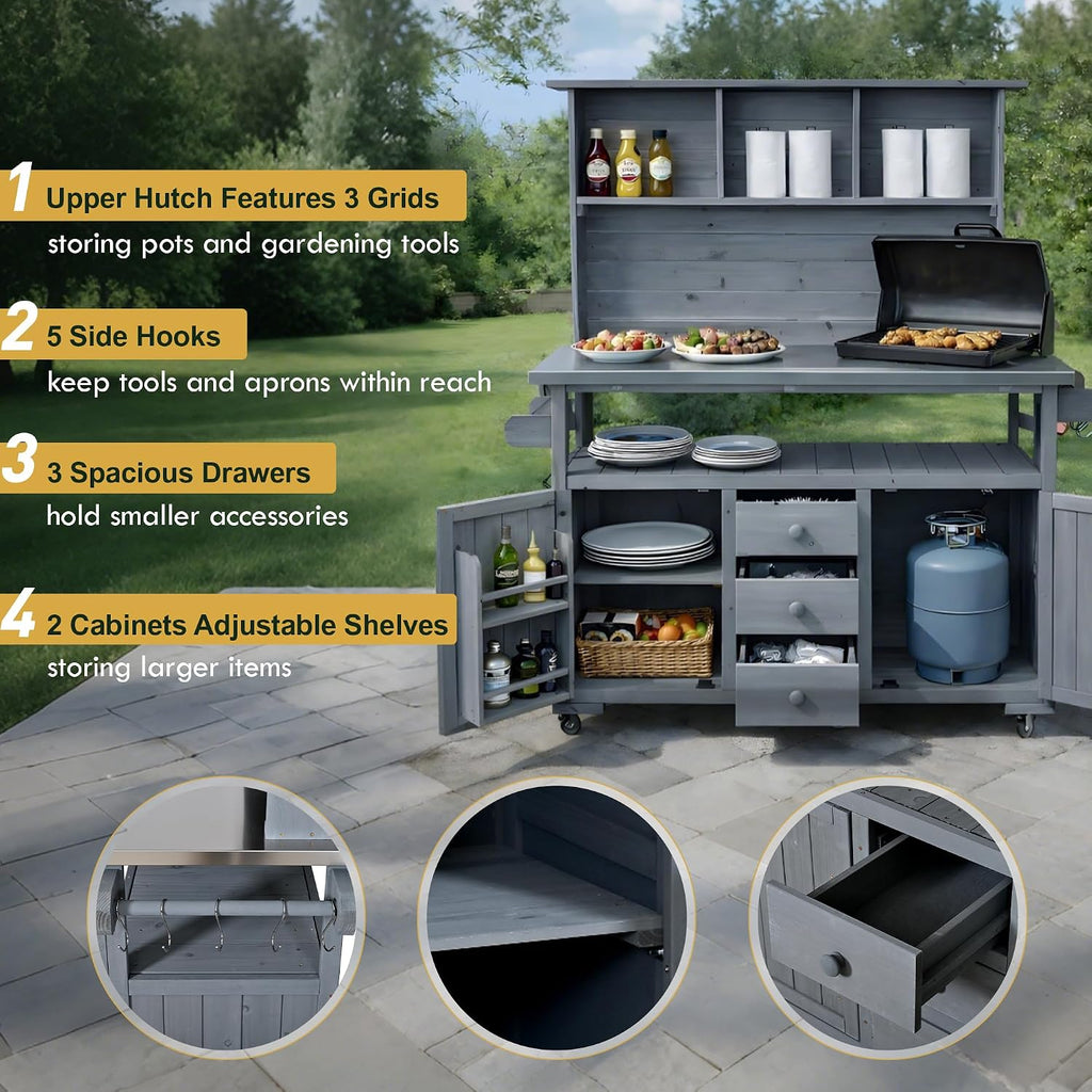 Merax 65''H Large Garden Storage Potting Bench with Lockable Wheels, Wood Outdoor Kitchen Island with Stainless Steel top, Drawers, Door Shelves and Hutch for Grilling, Gray