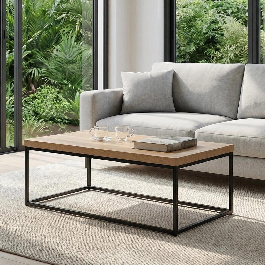 CENSI 47-Inch Natural Oak Coffee Table for Living Room, Modern Industrial Rectangular Wood and Metal Center Table with Extra Thick Tabletop (Natural Wood)
