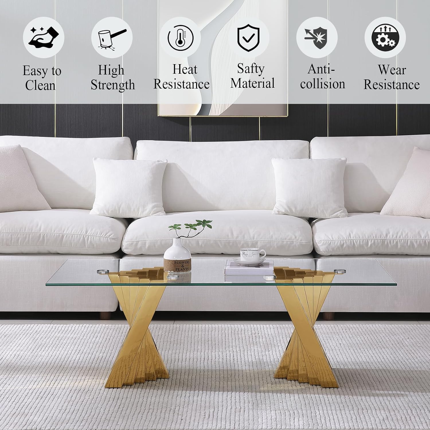2 Pieces Modern Living Room Table Set, Glass Coffee Table & Console Table with Flash-Shaped Stainless Steel Base (Gold)