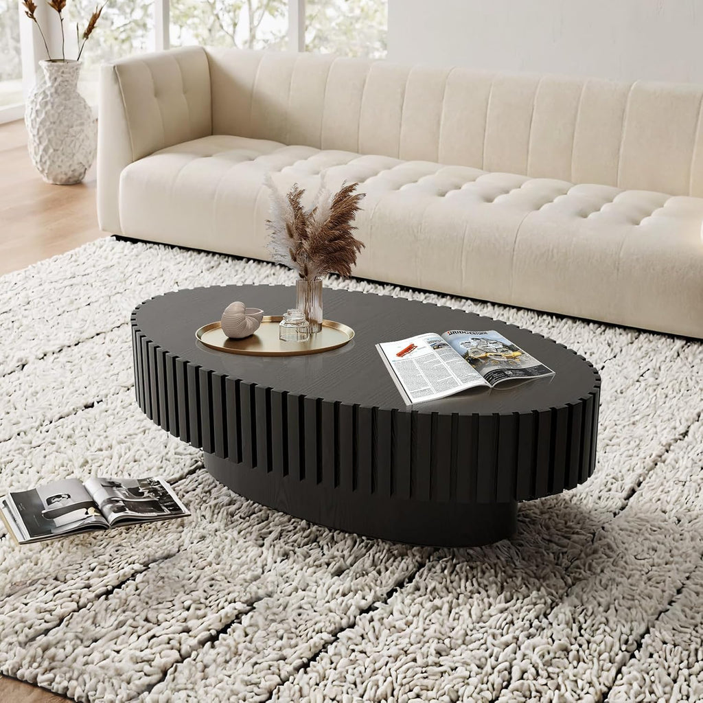 Oval Coffee Table, Handcrafted Fluted Drum Coffee Tables Modern Wood Coffee Table Drum Center Table for Living Room, Apartment (Oval Black)
