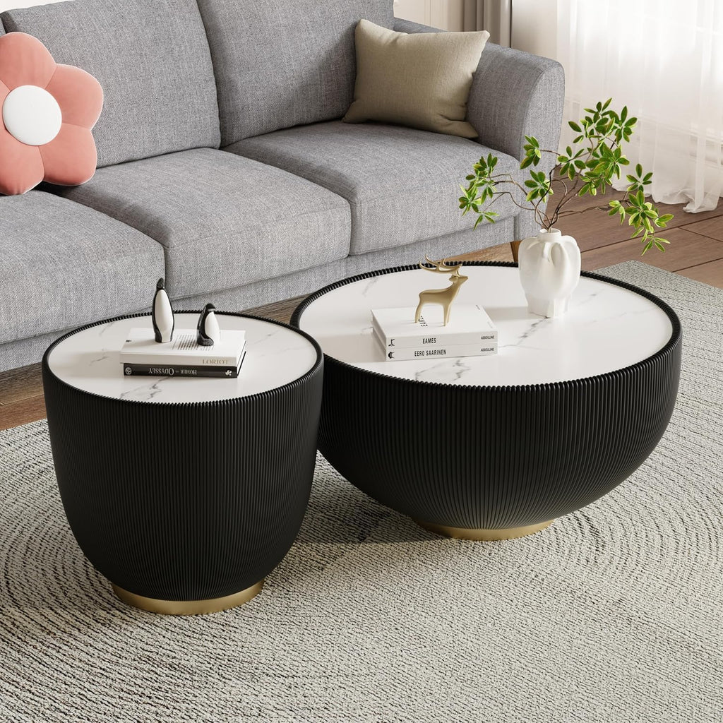 Round Coffee Table Set of 2, Sintered Stone Black Coffee Table with Black End Table, Nesting Tables for Living Room, Accent Side Table for Apartment Home Office, No Need Assembly
