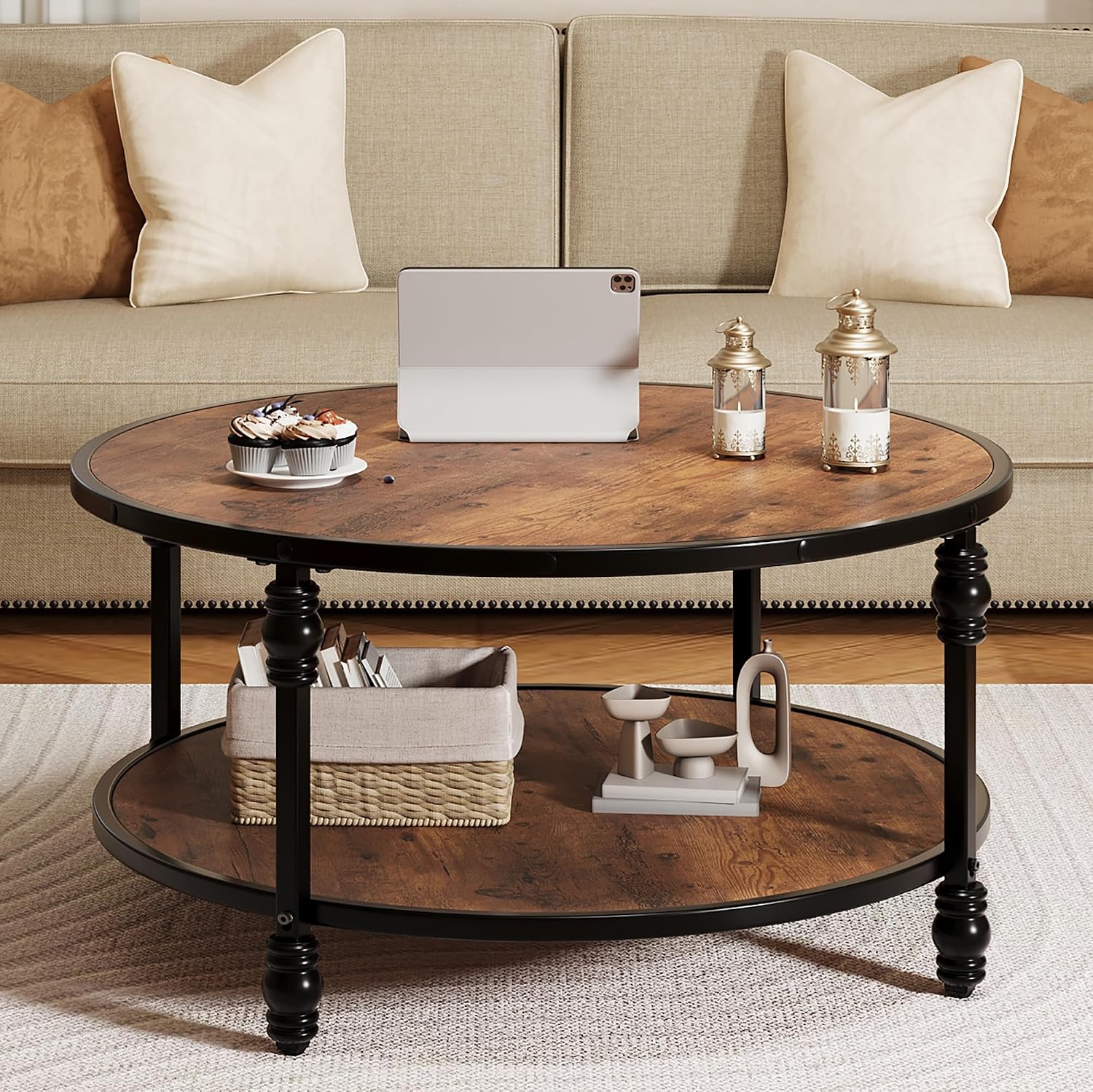 GarveeHome Round Coffee Table 2-Tier Wood Coffee Table with Storage Shelf Brown Circle Center Table Living Room