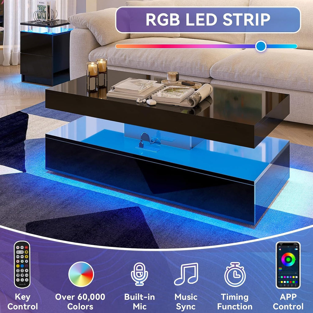 3-Piece Modern Black Living Room Set, LED Lighted Coffee Table + 2 End Tables with Storage Drawers, Black