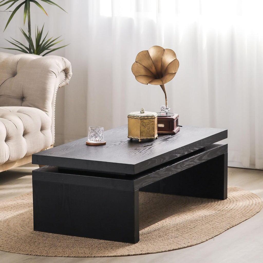 47.6' Farmhouse Wood Coffee Table, Mid Century Modern Wooden Coffee Tables for Living Room Natural Solid Firwood Tabletop Rectangle Center Table for Apartment Home Office Tea Table (Black)