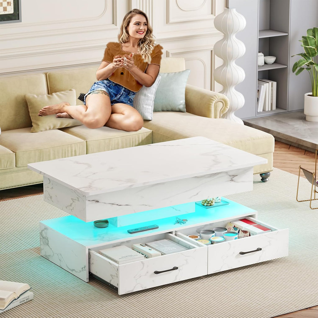 SEDETA 40' Lift Top Coffee Table, Coffee Tables with Storage for Living Room, Small Coffee Table with 2 Drawers & LED Light for Dining Reception Room, White Marble